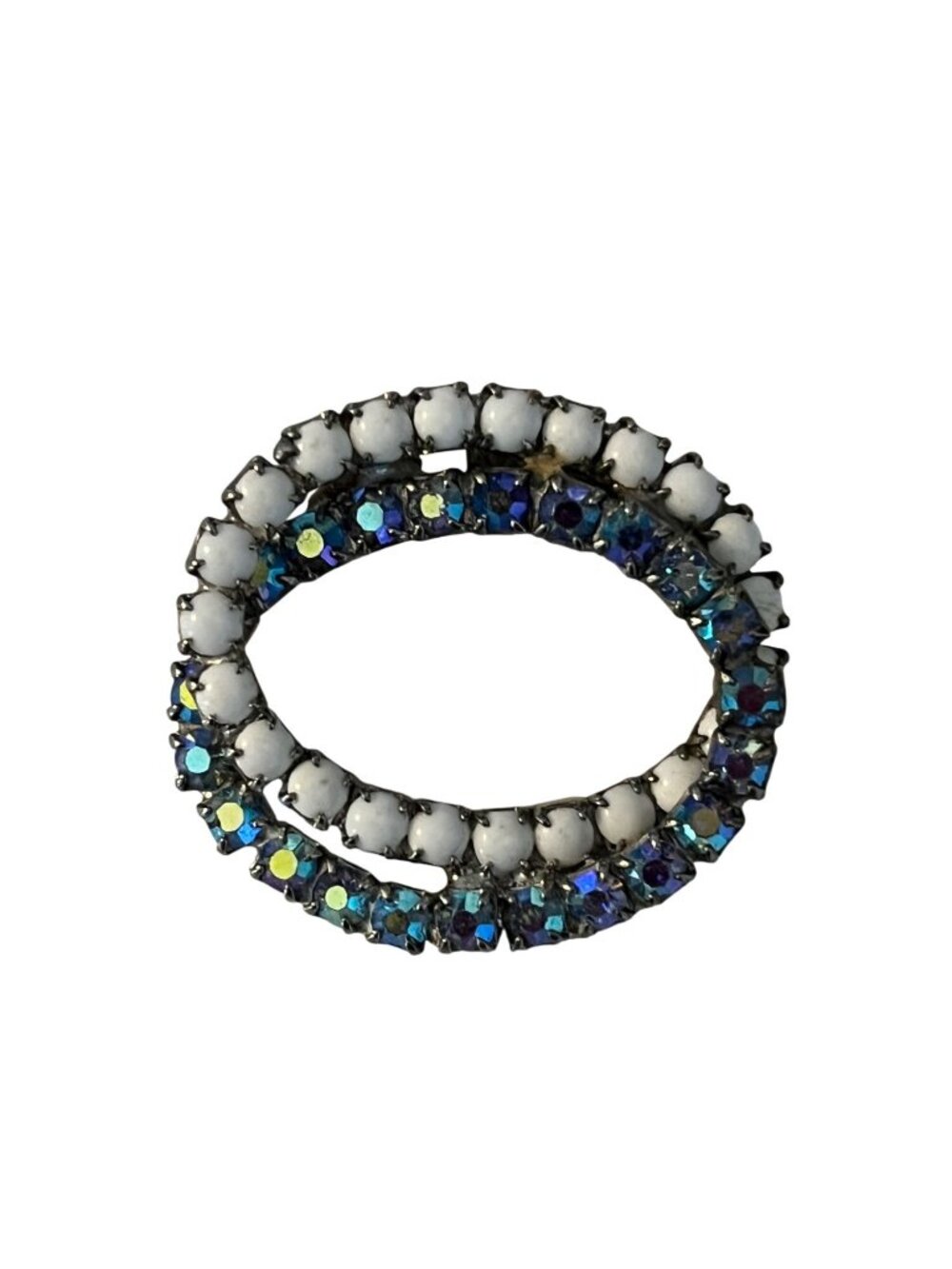 Vintage Oval Rhinestone Brooch Blue Aurora Borealis White Milk Glass Pin